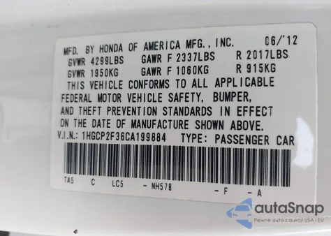 2012 Honda Accord 2.4 Lx z USA, uszkodzony, nr VIN 1HGCP2F36CA199884